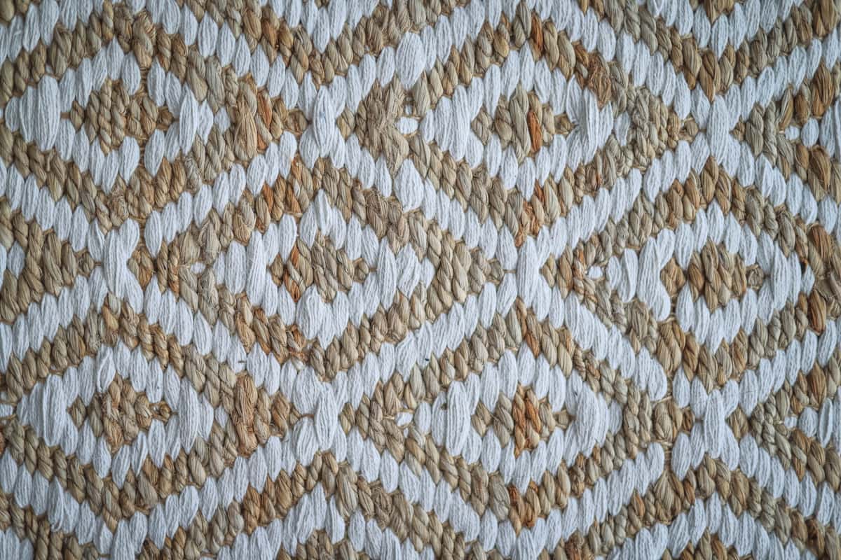 A bordered natural fiber rug showing its woven surface up close
